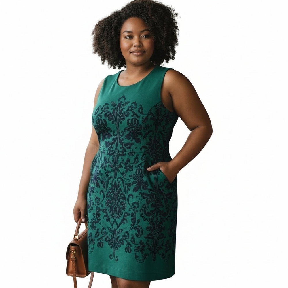 Like New Lands End Elegant Green and Navy Sleeveless Ponte Knit Dress, Size 16